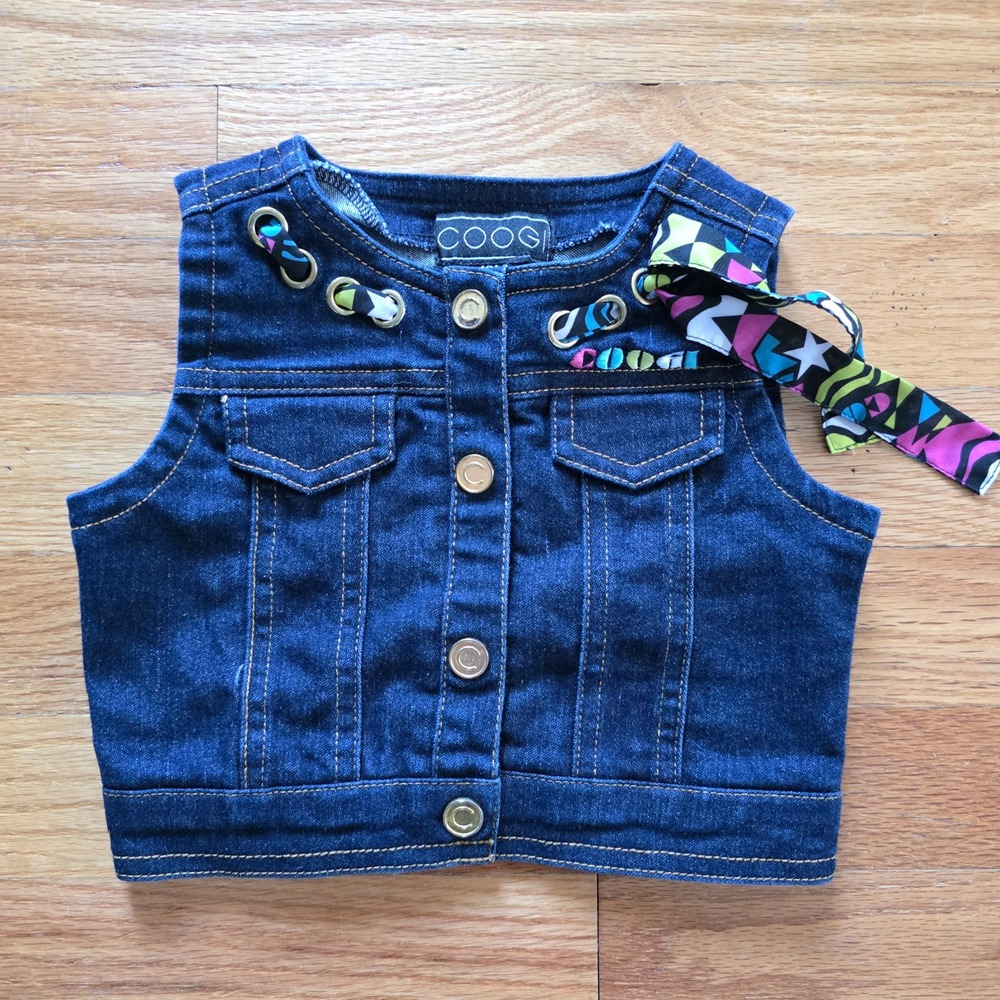 COOGI Kids Denim Vest 12M Dark Wash Embroidered Cityscape Multi Color Ribbon